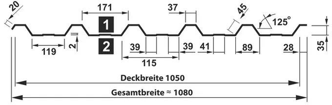 Trapezblech T-35DR hat eine Profilbreite von 1080 mm. Die Nutzbreite beträgt dabei 1050 mm. Trapezblech T-35/1050 Querschnitt